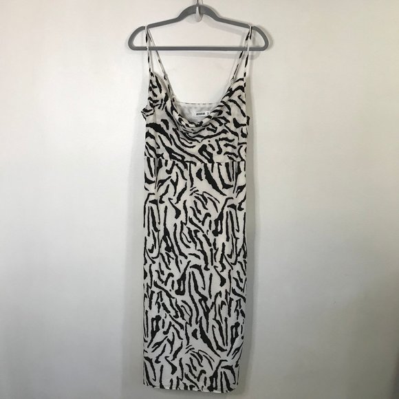 Missguided Zebra Midi Slip Dress Size 8 Medium Sleeveless Satin White Black - Picture 2 of 10